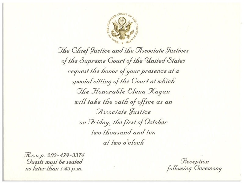 Invitation to the Investiture Ceremony of Supreme Court Justice Elena Kagan